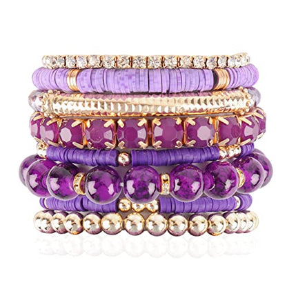 RIAH FASHION Multi Color Stretch Beaded Stackable Bracelets - Layering Bead Strand Statement Wrap Bangles - color: Boho Mix - Purple, size: 7.0 Inches Length