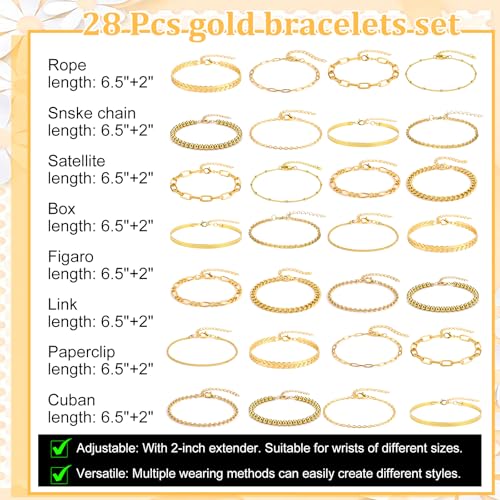 28 PCS Gold Bracelets for Women, 14K Gold Plated Bracelet Stack Bangle Cuff | Bracelet Set for Non Tarnish Bangle Cuff Cuban Link Paperclip Chain Bracelets Jewelry for Trendy Dainty Jewelry Pack for Gift