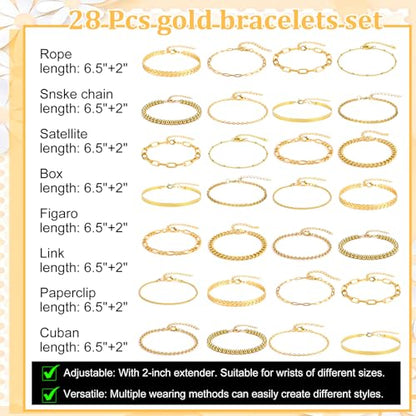 28 PCS Gold Bracelets for Women, 14K Gold Plated Bracelet Stack Bangle Cuff | Bracelet Set for Non Tarnish Bangle Cuff Cuban Link Paperclip Chain Bracelets Jewelry for Trendy Dainty Jewelry Pack for Gift