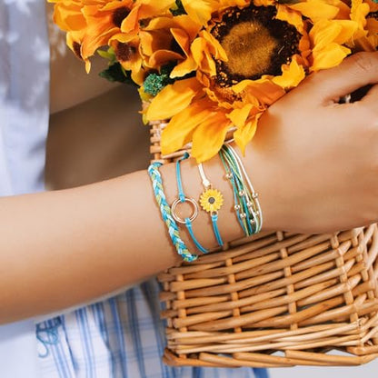 Sunflower Friendship Bracelets Boho Stackable String Bracelets Cute Trendy Gifts for Teen Girls Women - color: Green Blue