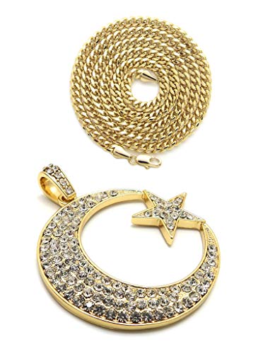Fashion 21 Unisex Iced Out Crescent Moon & Star Pendant 24" Various Chain Necklace in Gold, Silver Tone - color: Gold / 3mm 24" Cuban Chain