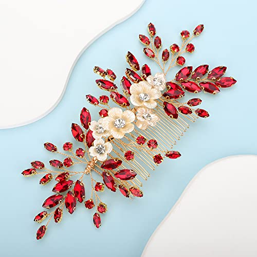 Bridal White Flower Red Crystal Rhinestone Hair Comb for Bride Bridesmaid Sliding side Headpieces Wedding Hair Accessories for Women and Girls (Red) - color: Red