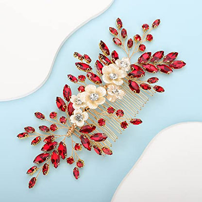Bridal White Flower Red Crystal Rhinestone Hair Comb for Bride Bridesmaid Sliding side Headpieces Wedding Hair Accessories for Women and Girls (Red) - color: Red