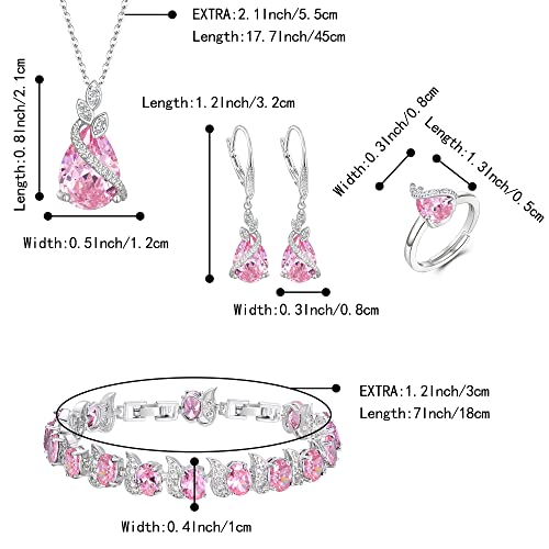 Jewelry Set for Bride, Sparkling Water Drop Cubic Zirconia Crystal Pendant Necklace Leverback Earrings Tennis Bracelet Adjustable Ring Gift for Wedding/Birthday/Mother's Day/Christmas - color: 03-Pink Silver-Tone