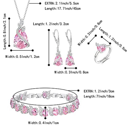 Jewelry Set for Bride, Sparkling Water Drop Cubic Zirconia Crystal Pendant Necklace Leverback Earrings Tennis Bracelet Adjustable Ring Gift for Wedding/Birthday/Mother's Day/Christmas - color: 03-Pink Silver-Tone
