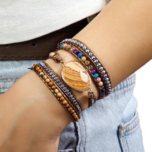 Women Wrap Bracelet Boho Natural Jasper Crystal Stone Beads Strand Bracelets - color: Style 09-Picture Stone