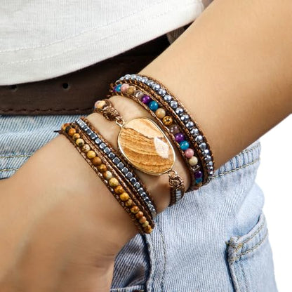 Women Wrap Bracelet Boho Natural Jasper Crystal Stone Beads Strand Bracelets - color: Style 09-Picture Stone