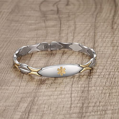 LinnaLove Fashion Shiny medical alert bracelet with Free Engraving Stainless steel Medical id bracelet for Women - color: STEEL-GOLD