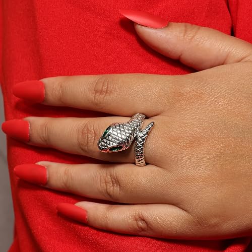 Stainless Steel Snake Ring for Men & Women Adjustable Serpent Wrap Ring with Green Blue Crystal Eye, Vintage Gothic Biker Jewelry, Non-Tarnish Open Band Statement Fashion Accessory Gift - style: Silver Snake