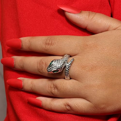Stainless Steel Snake Ring for Men & Women Adjustable Serpent Wrap Ring with Green Blue Crystal Eye, Vintage Gothic Biker Jewelry, Non-Tarnish Open Band Statement Fashion Accessory Gift - style: Silver Snake