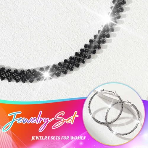 Black Jewelry Sets Rhinestone Necklace Hoop Earrings Bracelet Set Prom Formal Sparkly Costume Jewelry Sets for Women - color: Black