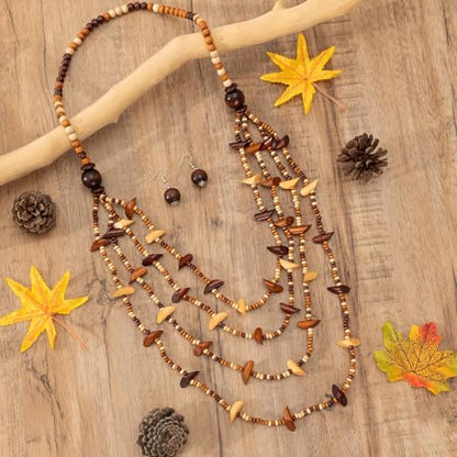 Colorful Ethnic Wooden Earrings Round Statement Dangle Earrings Multilayered Geometric Beaded Bracelet Necklace Set for Women Exaggerated Tribal Jewelry - color: Mixed Color C