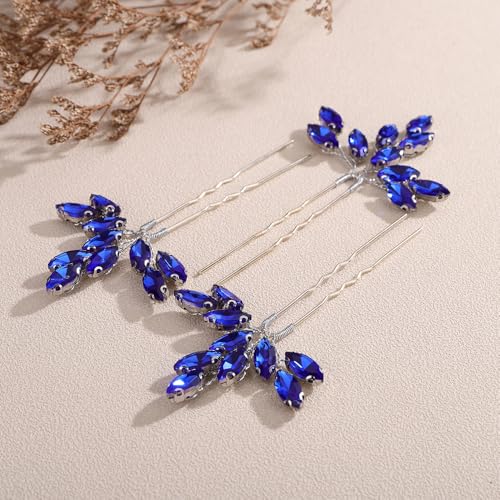 Teyglen 3pcs Bridal Crystal Hair Pins Rhinestones Hair Pieces Simple Crystal Wedding Hair Accessories Handmade Hair Pins for Women Bride (Blue) - color: Blue