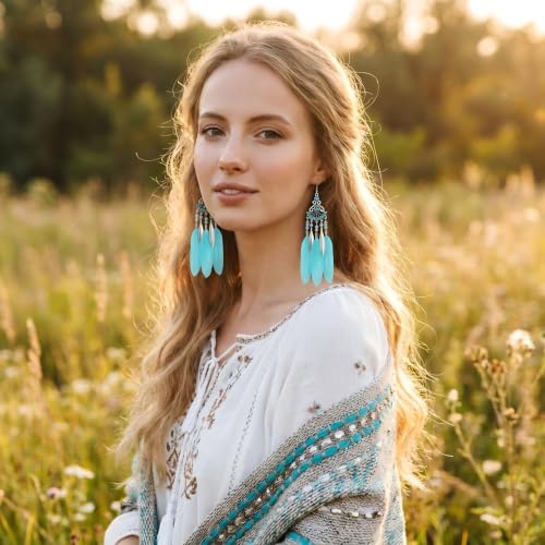 FRESHME Feather Earrings for Women - Native American Jewelry Boho Dangle Ethnic Indian Ear Drop for Music Festival Birthday - color: Blue