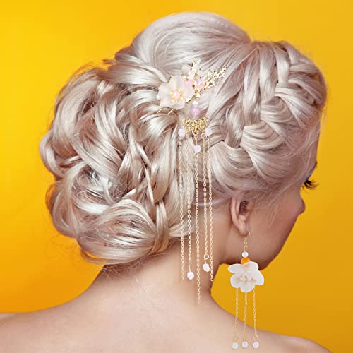 HINZIC 5Pcs Flowers Tassel Hair Pins Set, Crystal Rhinestone Pearl Hair Stick, Chinese Hanfu Traditional Wedding Classical Hair Accessories Earrings Set for Women Girls Updo Long Hair