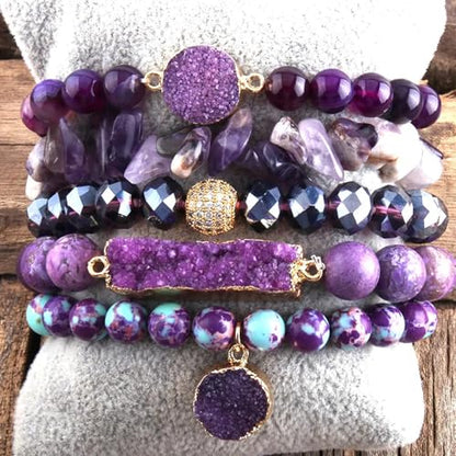Yomisa 5PCS 6PCS Natural Boho Beaded Bracelets/Bangle for Women Men,Healing Turquoise Jasper Agate Crystal Gemstone Stone Chakra Multilayer Wrap Bohemian Handmade Jewelry Beads Stretch Bracelet Set - color: 5PCS-Purple