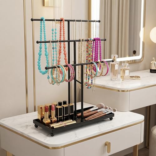 MyGift 3 Tier Black Metal Jewelry Organizer Stand with Ring Tray Base | Organize necklaces and bracelets across three tiers while the sturdy base tray keeps rings and small jewelry neatly stored