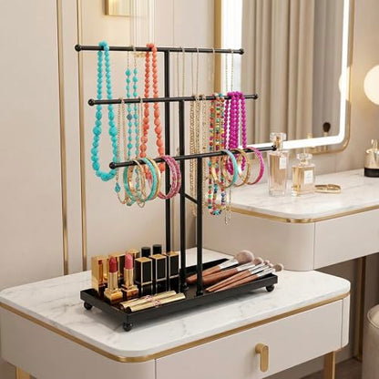 MyGift 3 Tier Black Metal Jewelry Organizer Stand with Ring Tray Base | Organize necklaces and bracelets across three tiers while the sturdy base tray keeps rings and small jewelry neatly stored