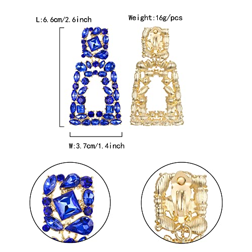 Flyonce Rectangle Clip-on Drop Earrings for Women, Sparkly Rhinestone Crystal Geometric Statement Non Pierced Earring Wedding Prom Party Jewelry for Brides Bridesmaid - color: Blue