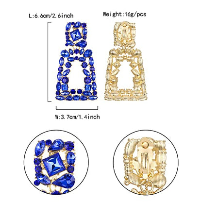 Flyonce Rectangle Clip-on Drop Earrings for Women, Sparkly Rhinestone Crystal Geometric Statement Non Pierced Earring Wedding Prom Party Jewelry for Brides Bridesmaid - color: Blue