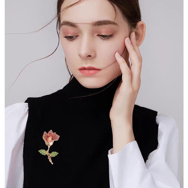 coadipress Tulip Floral Brooch Pin for Women Dainty Gold Plated Rhinestone Pearl Tulip Flower Green Leaf Broochs Pins Trendy Wedding Party Jewelry Accessories - style: Pink