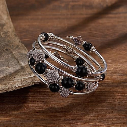 PEARL&CLUB Beaded Chakra Bangle Turquoise Bracelet - Fashion Jewelry Wrap Bracelet with Thick Silver Metal and Mala Beads, Birthday Gifts For Women - color: Black