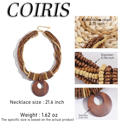 Coiris Chunky Necklaces for Women Statement Wooden Beaded Funky Boho Circle Pendant Necklace Jewellery Gift for Women - color: Wood