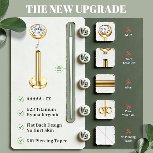 GEMQUEEN 4 Pairs 16G/18G/20G G23 Titanium Implant Grade Nose Studs Threadless Flat Back Earrings Hypoallergenic Flatback 5A CZ Cartilage Helix Tragus Conch Tiny Lip Piercing Jewelry for Women Men - color: Gold-20G(0.8MM)-Bar-6/8MM&CZ-2/3/4MM