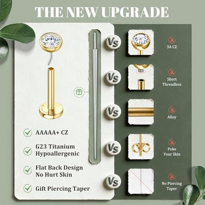 GEMQUEEN 4 Pairs 16G/18G/20G G23 Titanium Implant Grade Nose Studs Threadless Flat Back Earrings Hypoallergenic Flatback 5A CZ Cartilage Helix Tragus Conch Tiny Lip Piercing Jewelry for Women Men - color: Gold-20G(0.8MM)-Bar-6/8MM&CZ-2/3/4MM