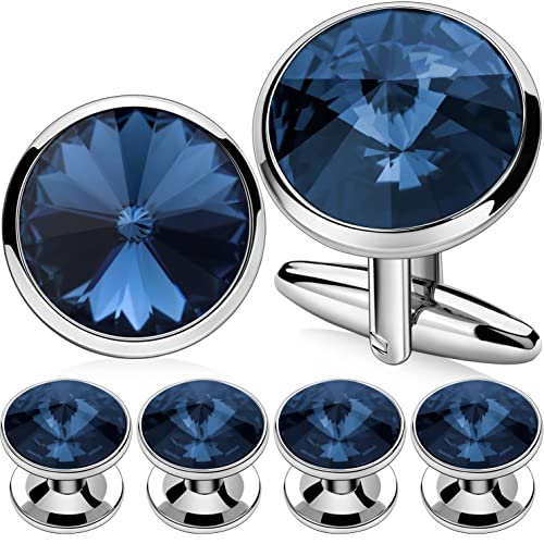 HAWSON Cufflinks for Men with 4/6 pcs Shirt Studs Set, Gift Box Packed, Mens Jewelry or Accessories for Wedding, Party, Anniversary, Birthday - color: Dark Blue(2 cufflinks & 4 studs)