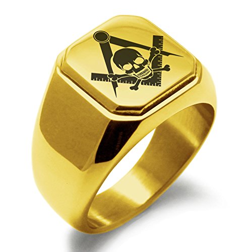 Stainless Steel Signet Biker Rings for Men, Masonic Symbol Square Flat Top (Black, Gold, Silver), Size 7-16 - color: Gold - Skull & Crossbones