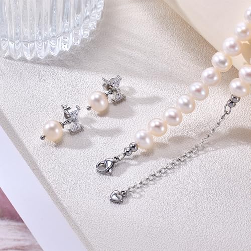 Freshwater Cultured Pearl Necklace Set Includes Cute Bow Pearl Earrings Jewelry for Women - size: 8 to 9mm