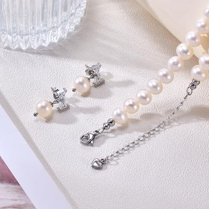 Freshwater Cultured Pearl Necklace Set Includes Cute Bow Pearl Earrings Jewelry for Women - size: 8 to 9mm