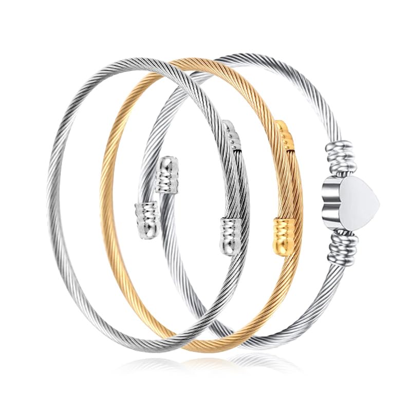 Fashion Shiny Thin Round Stainless Steel Bangle Bracelets for Women (1/3/5/8 Set) - style: Silver-3 Set-Wire Heart cuff bracelet