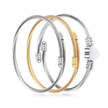 Fashion Shiny Thin Round Stainless Steel Bangle Bracelets for Women (1/3/5/8 Set) - style: Silver-3 Set-Wire Heart cuff bracelet