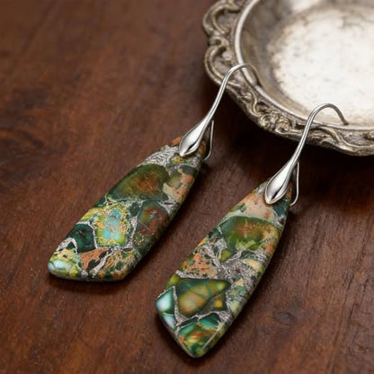 Boho Natural Imperial Jasper Teardrop Dangle Earrings for Women – Hypoallergenic French Hook Stone Drop Earrings Jewelry - color: Green Silvery Hook