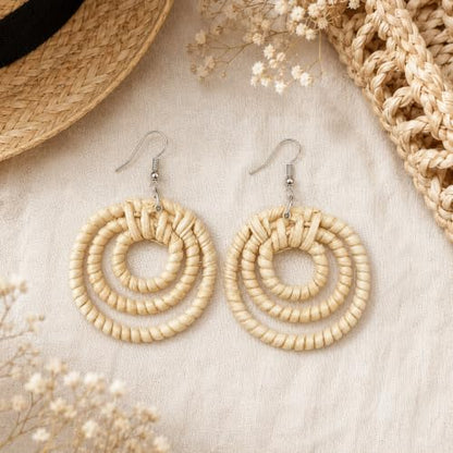 Handmade Rattan Teardrop Dangle Earrings for Women, Lightweight Boho Woven Statement Earrings with Gold Fish Hook, Natural Straw Weave Vacation Jewelry for Summer Beach - style: Round