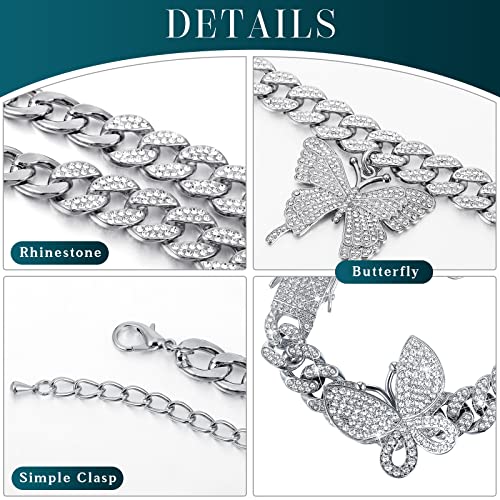 3 Pcs Butterfly Cuban Jewelry Set Cuban Link Chain Necklace for Women Rhinestone Pendant Necklace Bracelet Large Hoop - color: Silver, style: Classic