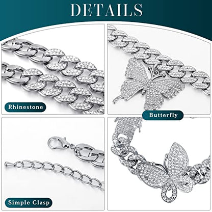 3 Pcs Butterfly Cuban Jewelry Set Cuban Link Chain Necklace for Women Rhinestone Pendant Necklace Bracelet Large Hoop - color: Silver, style: Classic