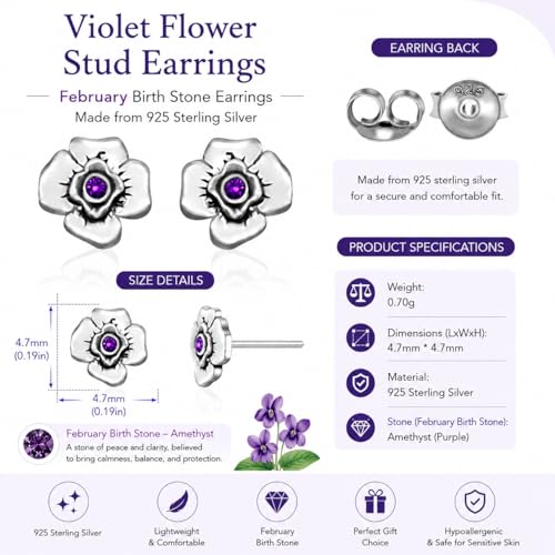 Birthstone Earrings: Handmade Necklace Flower Pendant with Colored Crystal - Gift for Mom, Daughter, BFF, Sister, Granddaughter, Niece - style: February