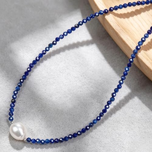 Single Pearl Choker Pendant Necklaces for Women, Natural Gemstone Womens Black Stone Beaded Choker Necklace, Dainty Round Freshwater Pearl Handmade Jewelry Gift Women Birthday Bridesmaids Anniversary 16 18 inch - color: 06-Lapis Lazuli, size: 18"