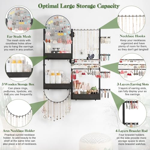 Keebofly Wall Mount Hanging Jewelry Organizer - Large Display Holder for Earrings, Rings, Necklaces, Bracelets, Watches and Perfume - Black - color: Black