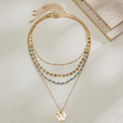 HUASAI Boho Necklaces for Women Dainty Layered Choker Necklace Bohemian Turquoise Necklace Statement Jewelry Western Cowgirl Country Concert Outfits Accessories - color: A-Coin