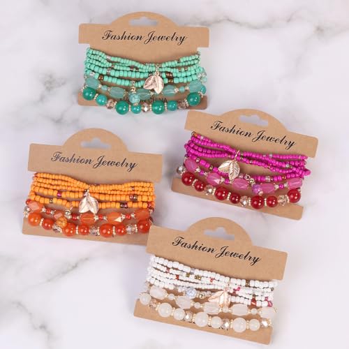 Caiyao 4Pcs Bohemia Multilayer Stackable Beaded Bracelets Set Colorful Crystal Stone Gold Beaded Stretch Bracelets Hawaii Charm Bracelet for Women Men Summer Beach Boho Vacation Jewelry Gifts - color: 7pcs orange