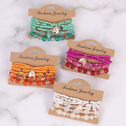 Caiyao 4Pcs Bohemia Multilayer Stackable Beaded Bracelets Set Colorful Crystal Stone Gold Beaded Stretch Bracelets Hawaii Charm Bracelet for Women Men Summer Beach Boho Vacation Jewelry Gifts - color: 7pcs orange