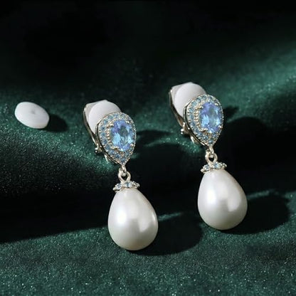 Mariell Pearl Bridal Wedding Drop Earrings with CZ Crystals for Brides, Bridesmaids, Birthday Gift - color: Silver Clip On - Blue Cubic Zirconia