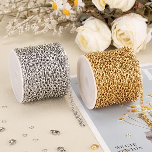 SMYHTGLIF 2 Rolls Total 32.8 Feet Gold and Silver Chain for Jewelry Making | Stainless Steel Cable Jewelry Chain Roll Oval Link Bulk Chain Craft Jewelry Making Chains - size: 5.1×4mm