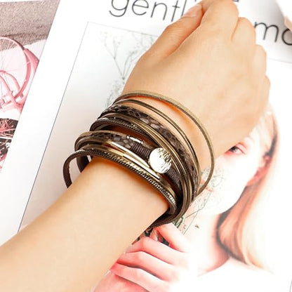 Fesciory Leather Wrap Bracelet for Women, Boho Western Layered Cuff Jewelry | Stackable Bracelets, Easy-On Clasp, Daily Wear, Pairs with Boho Western Outfits, Gift for Women - color: Brown5