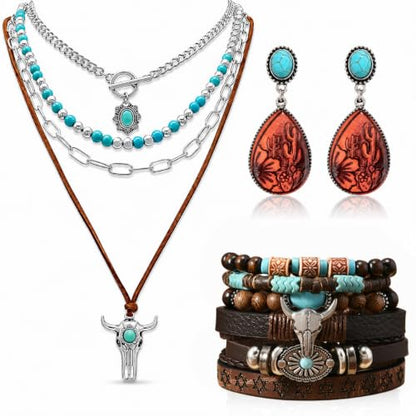 3Pcs Western Turquoise Jewelry Set Necklace Earrings Bracelet | Western Boho Style | Turquoise Beaded | Ox-Head Pendant | Layered Necklace | Faux Leather Cuff | Personalized Gift - color: Color-1