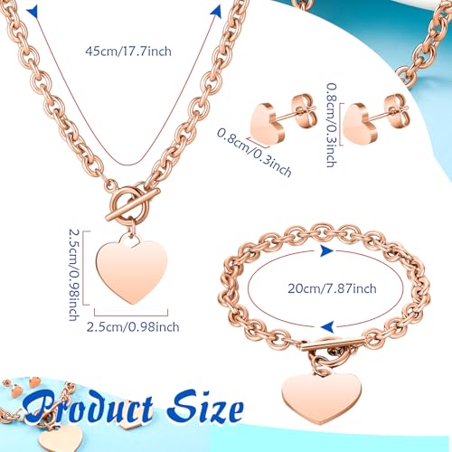3 Pcs Heart Bow Snow Jewelry Set | Heart Necklace with Bracelet Earring, Snow Jewelry Set for Women, Bow Charms Toggle Gifts - color: Rose Gold, style: Stainless Steel Heart